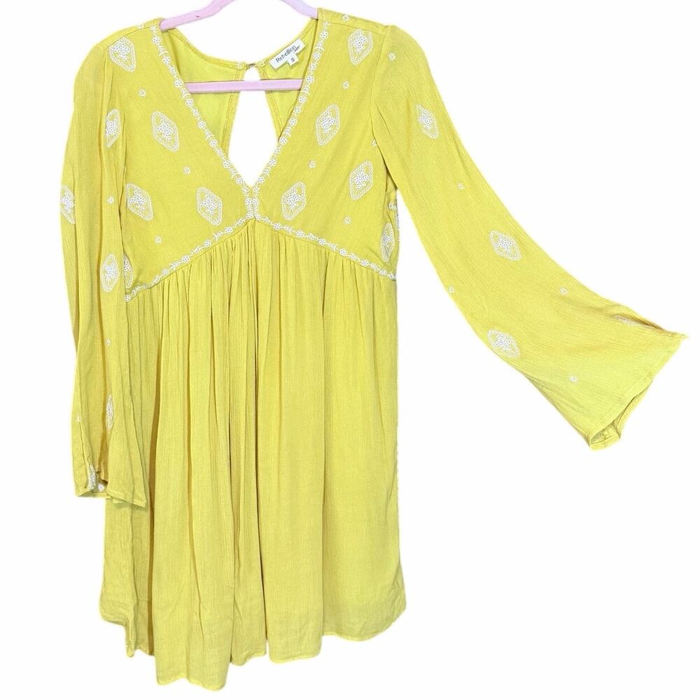 Rebellion yellow embroidered boho mini dress long sleeve small western Romantic